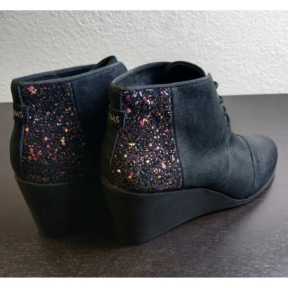 TOMS Kala Black Metallic Multi Glitter Lace Up Wedge Ankle Booties Womens 9